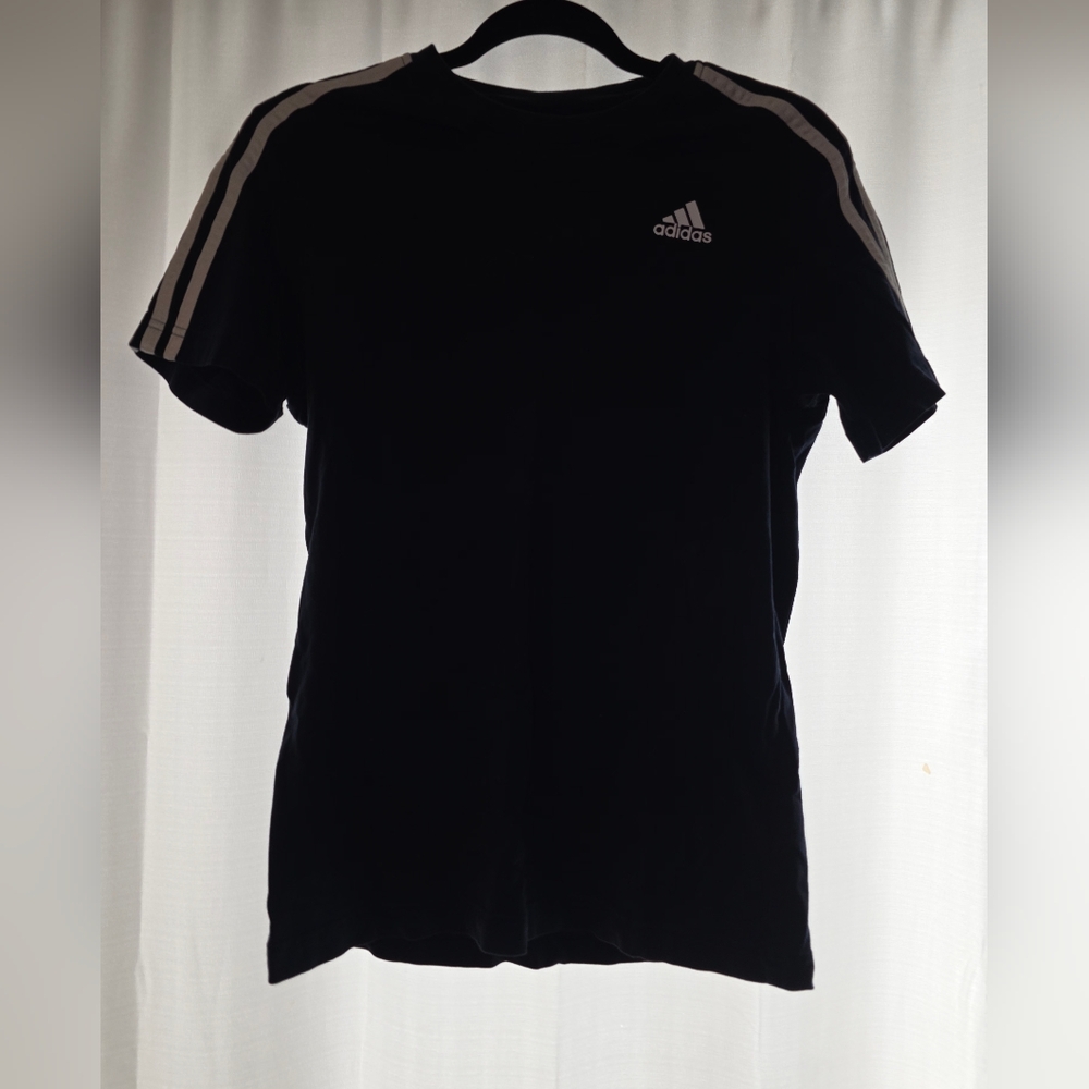 Adidas Women's Navy Blue Tee with White Stripes